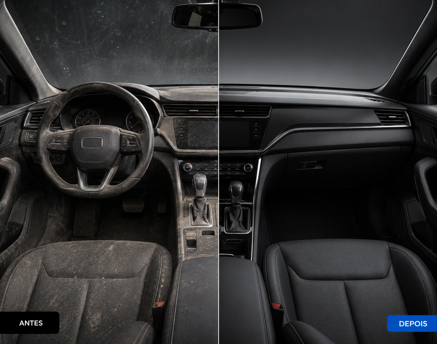Interior completo — comparação visual antes e depois da higienização